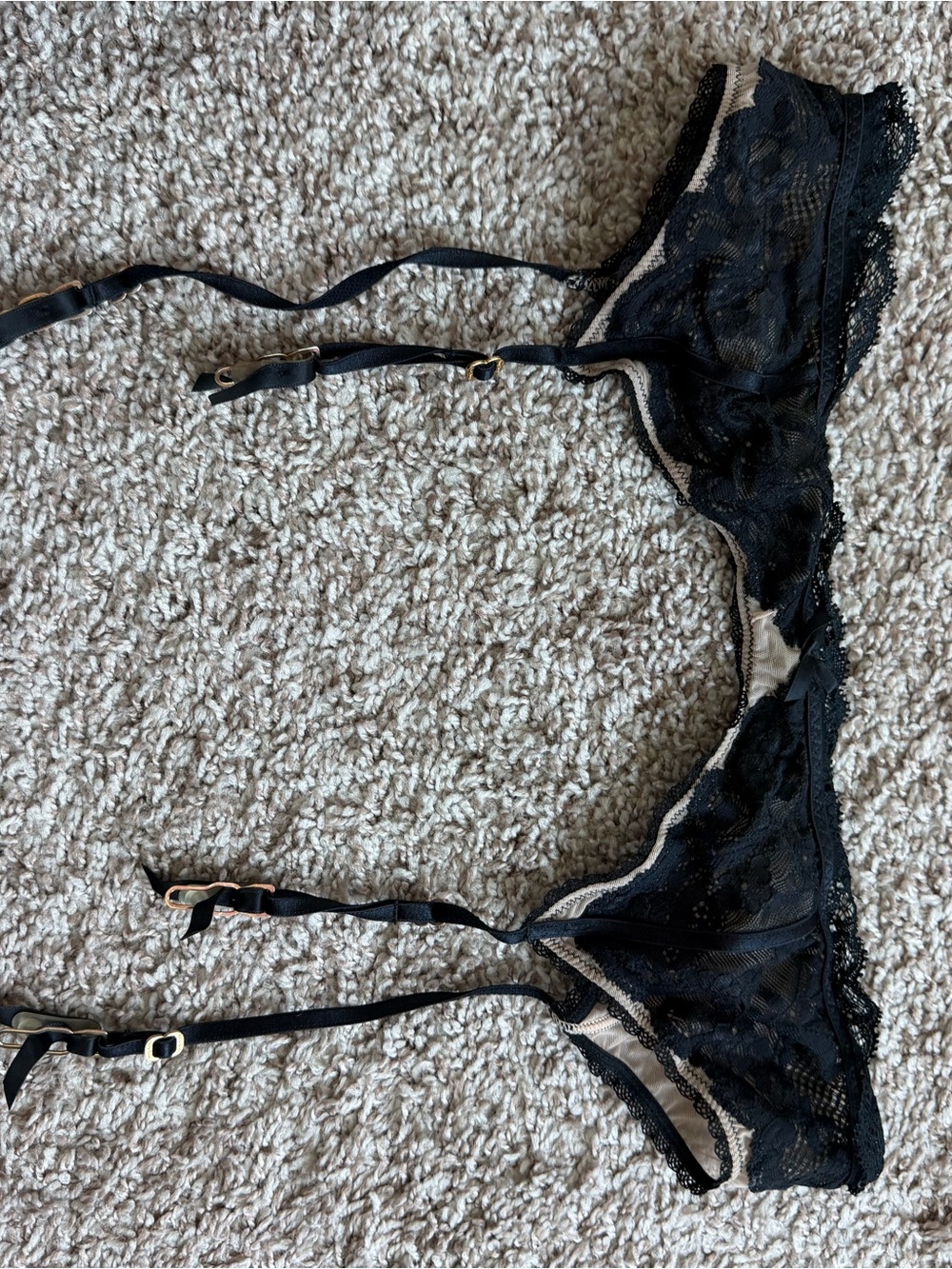 Victoria's Secret Black Lace Garter Belt with Nude Accents